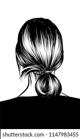 Woman with stylish classic bun with perfet eyebrow shaped and ful. Illustration of business hairstyle with natural long hair. Hand-drawn idea for gretting card, poster, flyers, web, print for t-shirt.