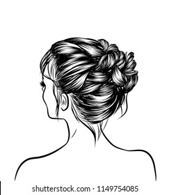 Woman with stylish classic bun with perfet eyebrow shaped and ful. Illustration of business hairstyle with natural long hair. Hand-drawn idea for gretting card, poster, flyers, web, print for t-shirt.