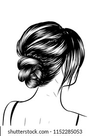 Woman with stylish classic bun with perfet eyebrow shaped and ful. Illustration of business hairstyle with natural long hair. Hand-drawn idea for gretting card, poster, flyers, web, print for t-shirt.