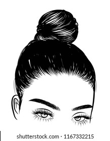 Woman with stylish classic bun with perfet eyebrow shaped and ful. Illustration of business hairstyle with natural long hair. Hand-drawn idea for gretting card, poster, flyers, web, print for t-shirt.