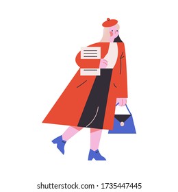 Mujer vestida con estilo caminando con documentos en ilustración vectorial de mano