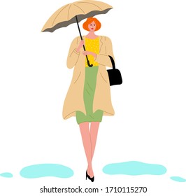 Woman in stylish clothing walking with umbrella and enjoying rainy weather