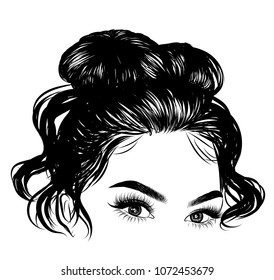 Woman with stylish curly bun with perfet eyebrow shaped and ful. Illustration of business hairstyle with natural long hair. Hand-drawn idea for gretting card, poster, flyers, web, print for t-shirt.