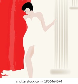 A woman in a stylish dress poses next to an architectural column.