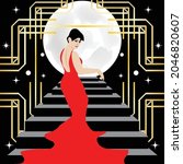 A woman in a stylish gown ascends a stairway to the moon in an Art Deco style illustration.