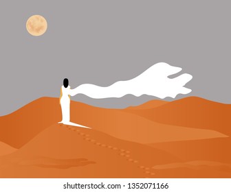 A woman in a stylish gown stands alone in a desert below a full moon in a minimalist fashion and beauty illustration.