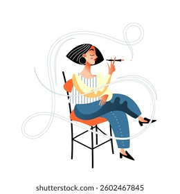 A woman with stylish hair sits comfortably on a chair, smoking a cigarette and gazing thoughtfully into the distance.