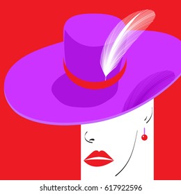 A woman in a stylish hat with a white feather is featured in a minimalist fashion illustration.