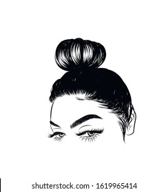 Woman with stylish messy  bun with perfect eyebrow shaped and full. Illustration of business hairstyle with natural long hair. Hand-drawn idea for greeting card, poster, flyers, web, print for t-shir