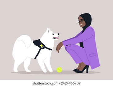 A woman in a stylish purple suit kneels down to interact with her white, attentive dog, as a yellow ball awaits the fun they are about to have