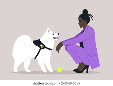 A woman in a stylish purple suit kneels down to interact with her white, attentive dog, as a yellow ball awaits the fun they are about to have
