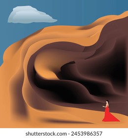 A woman in a stylish red gown poses amid the sand dunes of a desert.