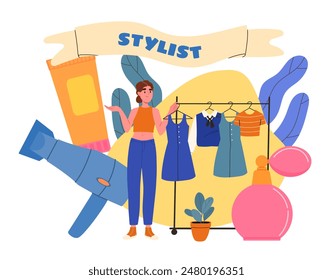 Woman stylist concept. Young girl stands near hanger with trendy and stylish clothes. Fashion designer near hairdresser and perfume. Beauty, aesthetics and elegance. Cartoon flat vector illustration