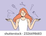 Woman stylist with flying accessories for hairdresser offers to make new hairstyle to change image. Girl hairdresser from beauty salon recommends taking care of hair and using professional equipment