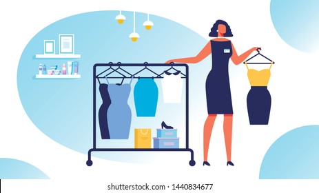 Woman Stylist Picks Clothes. Beauty Industry. Beauty Training for Women. Vector Illustration. Woman Holds in Hand Silhouette Dress Case. Dresses and Boxes with Shoes on Shelf. Style Course.