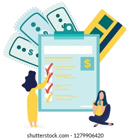 Woman submit tax, online tax payment and report. Year-end tax adjustment. Financial services, engaged in work, saving or accumulating money. Marked checklist on a clipboard paper. Vector illustration.