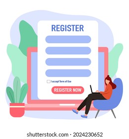 Woman submitting online registration form on laptop computer in flat design.