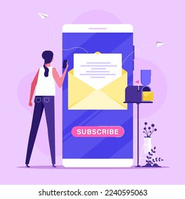 Woman subscribing to newsletter from phone. Concept of subscribe newsletter service, subscription, email subscribe, correspondence, contact us, flat vector illustration