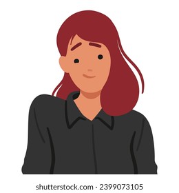 Una Mujer Con Un Sutil Arbusto Y Una Suave Sonrisa, Expresa Una Ambigua Emoción, Un Personaje Femenino Que Deja Un Aire De Incertidumbre O Inquietud En Su Expresión Facial. Ilustración de vectores de personas de caricatura