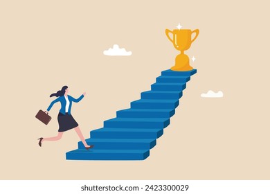 Woman success, step to achieve career success, motivation to grow career path, growth, climb up stair to reach goal, ambition concept, business woman run fast climb up stair to reach winning trophy.