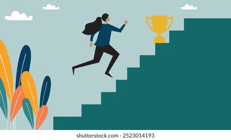 Woman success, step to achieve career success, motivation to grow career path, growth, climb up stair to reach goal, ambition concept, business woman run fast climb up stair to reach winning trophy.