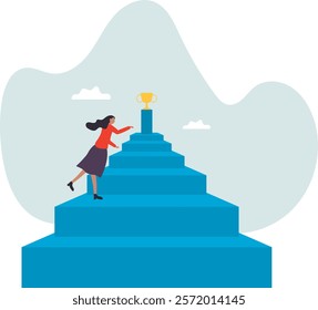Woman success, step to achieve career success, motivation to grow career path, growth, climb up stair to reach goal,business concept.flat character.