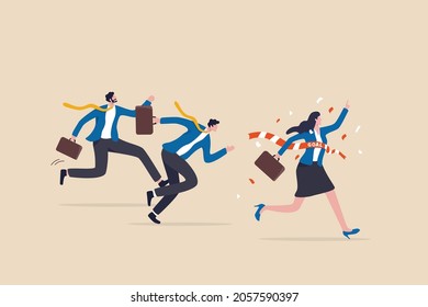 Woman success story, female leadership or business victory, gender equality, feminism power to win competition concept, confident businesswoman reach finishing line win competition over men colleague.