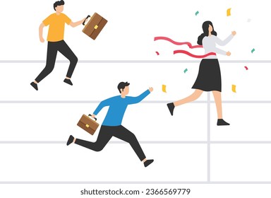 Woman success story, Female leadership or business victory, Gender equality, Feminism power to win competition, Co-worker reach finishing line, Win competition over colleagues

