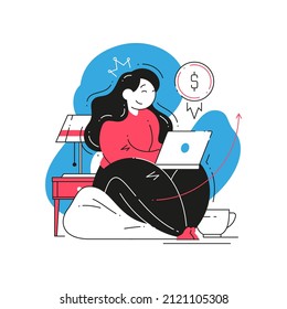 Woman successful freelancer making money working online laptop on comfy couch home office vector flat illustration. Female professional specialist celebrating achievement with dollar medal and crown