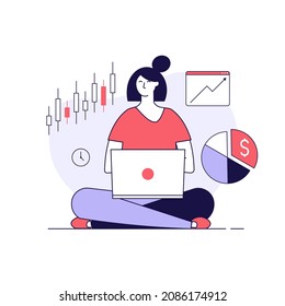 Las mujeres invierten con éxito. Concepto de rentabilidad de la inversión, soluciones financieras, ingresos pasivos, estrategia de inversión, especulación afortunada. Ilustración vectorial en diseño plano para banner web