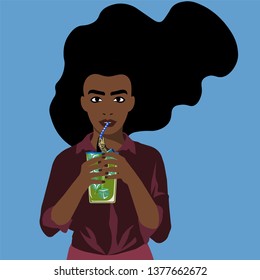 Woman sucking plastic straw in a glass with a dead fish