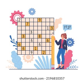 Woman with sudoku. Games for intelligence, logic and strategy. Entertainment, recreation. Poster or banner for website. Numbers in checkered field, training brain. Cartoon flat vector illustration