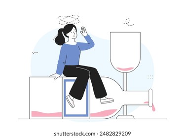 Woman suffer from alcohol. Young drunk girl sits on large bottle next to glass. Person suffer from alcoholism. Drunk person with hangover. Linear vector illustration isolated on white background