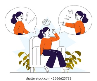 Woman suffer from bipolar disorder. Young girl with mental and psychological problems. Schizophrenia and paranoia. Mania and psychological instability. Linear vector illustration