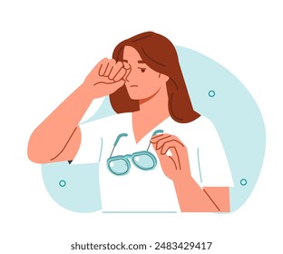 Woman suffer from eye pain and rub her tired eyes with hand. Conjunctivitis and other ophthalmology diseases symptoms. Vector illustration.