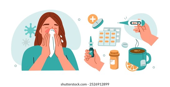 Woman suffer from flu, cold, grippe and has couch, runny nose, fever and other influenza symptoms. Disease prevention and treatment. Vector illustration.