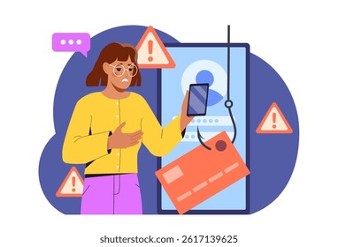 Woman suffer from hacker attack. Young girl with smartphone near bank card on hook. Scammer and hacker steals personal data, cybercrime. Flat vector illustration