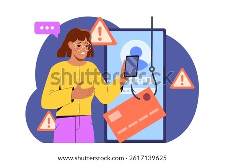 Woman suffer from hacker attack. Young girl with smartphone near bank card on hook. Scammer and hacker steals personal data, cybercrime. Flat vector illustration
