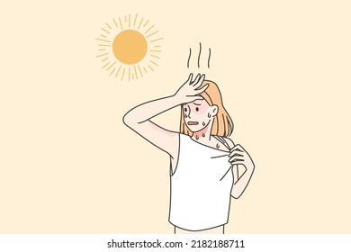 Woman suffer from heatstroke outdoors. Unwell overheated female struggle with hot sunny weather outside. Vector illustration. 