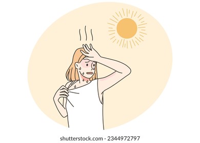 Woman suffer from heatstroke outdoors. Unwell overheated female struggle with hot sunny weather outside. Vector illustration.