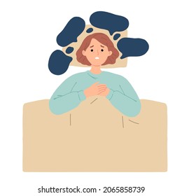 Woman suffer insomnia sleep deprivation insufficient anxiety bed mental health illustration