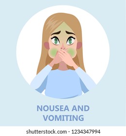 Woman suffer from nausea. Symptom of disease or pregnancy, problem with health. Sickness and illness. Isolated flat vector illustration