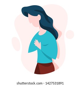 Woman Suffer From The Pain In The Chest. Symptom Of Disease Concept. Heart Illness, Arrhythmia. Vector Illustration In Cartoon Style