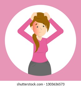 Woman suffer from the pain in the head. Headache and stress from the illness. Migraine and bad mood. Isolated flat vector illustration