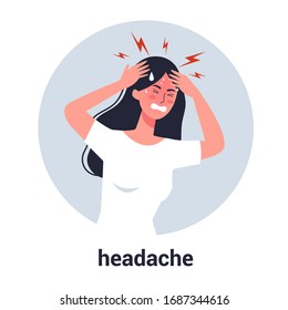 Woman suffer from the pain in the head. Headache and stress from the illness. Migraine and bad mood. Isolated flat vector illustration