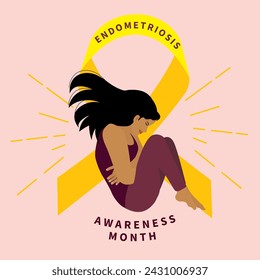 
woman suffer pain on endometriosis in front of yellow ribbon
