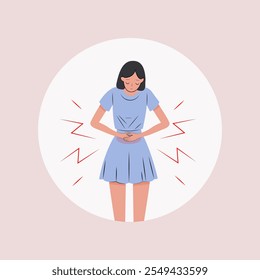 A mulher tem dor de estômago. Conceito de cólicas menstruais ou endometriose abdominal. Ilustração vetorial.