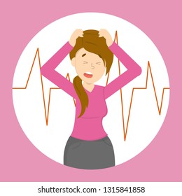 Woman suffer from throbbing pain in head. Migraine symptom. Beat and pressure in the head. Isolated vector illustration in cartoon style