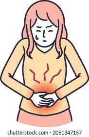 Woman suffering from abdominal pain, simple illustration