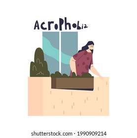 Woman suffering from acrophobia, fear of height. Scared cartoon female afraid depressed and anxious looking down from balcony. Human phobias concept. Flat vector illustration